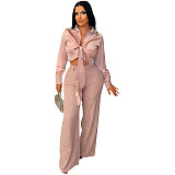 Two-piece Set Of Satin Tie-strap Long-sleeved Shirt Slim-fit Elastic Rhinestone Trousers DM-2533
