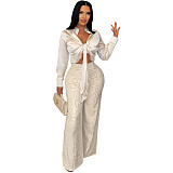 Two-piece Set Of Satin Tie-strap Long-sleeved Shirt Slim-fit Elastic Rhinestone Trousers DM-2533