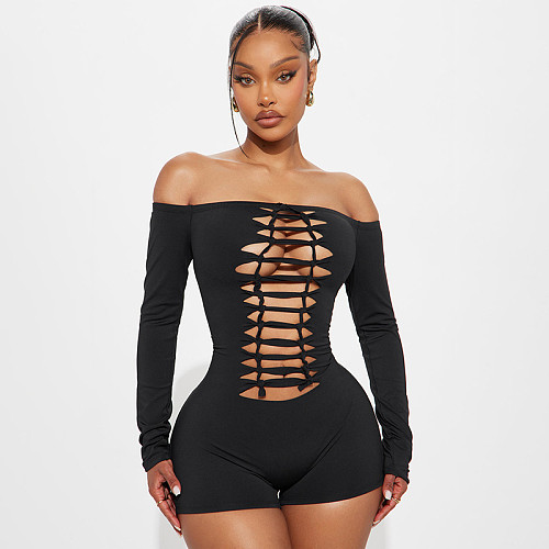 Sexy One-shoulder Burnt Flower Braided Straps Hollow Long-sleeved Tight Jumpsuit Shorts DZHT-291