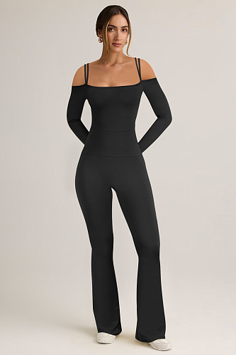 Fashionable Off-the-shoulder Double-strap Sexy One-piece Long-sleeved Flared Jumpsuit HZXY-0488