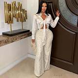 Two-piece Set Of Satin Tie-strap Long-sleeved Shirt Slim-fit Elastic Rhinestone Trousers DM-2533