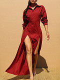 Fashionable Waist-hugging Wide-slit Shirt Dress PMR-782
