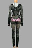 Sexy Letter Print Hooded Long-Sleeved Cardigan Top and Pants Set XS-1054