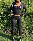 Sexy Letter Print Hooded Long-Sleeved Cardigan Top and Pants Set XS-1054