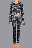 Sexy Letter Print Hooded Long-Sleeved Cardigan Top and Pants Set XS-1054