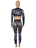 Sexy and Fashionable Mesh Positioning Print Long-sleeved Tousers Suit SHD-9722