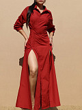 Fashionable Waist-hugging Wide-slit Shirt Dress PMR-782