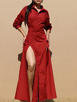 Fashionable Waist-hugging Wide-slit Shirt Dress PMR-782