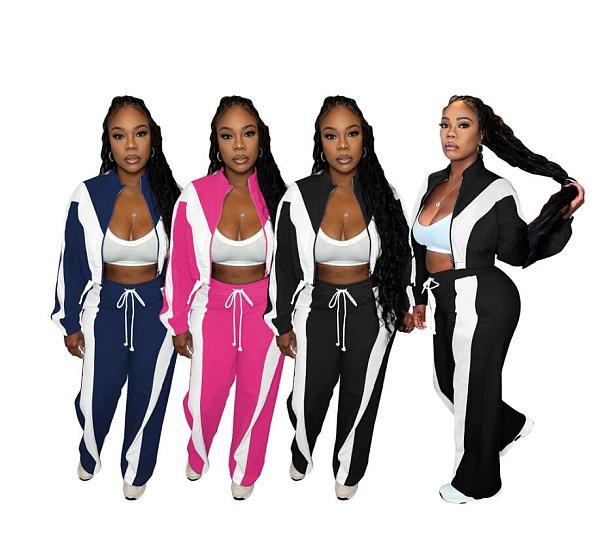 Casual Stripe Contrast Zipper Collar Long Sleeve Two Pieces XRB-10161
