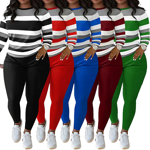 Fashion Striped Positioning Print Round Neck Long Sleeve Trousers Suit SHD-9698