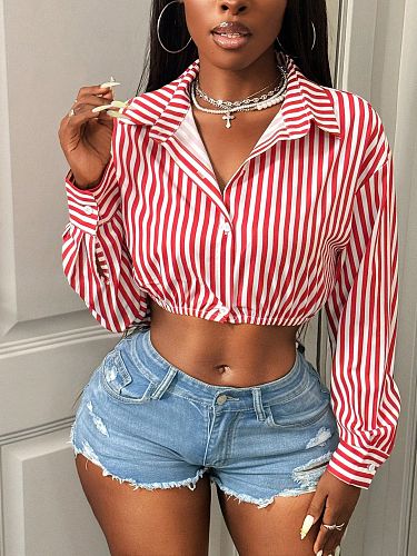 Loose Casual Fashion Striped Print Striped Long-sleeved Shirt XS-1017