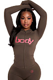 Sexy Letter Print Hooded Long-Sleeved Cardigan Top and Pants Set XS-1054