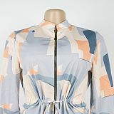 Elegant Commuter Stand-up Collar Printed Drawstring Waist Long-sleeved Two-piece Suit WNY-3716