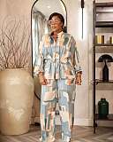 Elegant Commuter Stand-up Collar Printed Drawstring Waist Long-sleeved Two-piece Suit WNY-3716