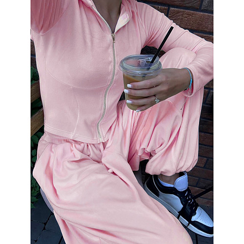 Casual Waist Zipper Hooded Top With Elastic Waist and Loose Slimming Pants Two-piece Set MRA-43267