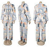 Elegant Commuter Stand-up Collar Printed Drawstring Waist Long-sleeved Two-piece Suit WNY-3716