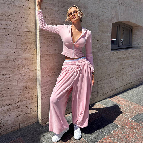 Casual Waist Zipper Hooded Top With Elastic Waist and Loose Slimming Pants Two-piece Set MRA-43267