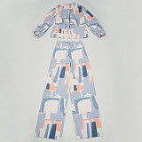 Elegant Commuter Stand-up Collar Printed Drawstring Waist Long-sleeved Two-piece Suit WNY-3716