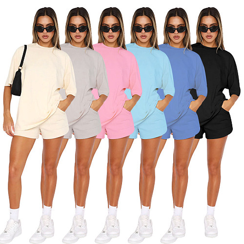 Solid Round-neck Pullover Mid Sleeved Top Women Fashion Casual Shorts Set SSN-211299
