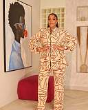 Elegant Commuter Stand-up Collar Printed Drawstring Waist Long-sleeved Two-piece Suit WNY-3716