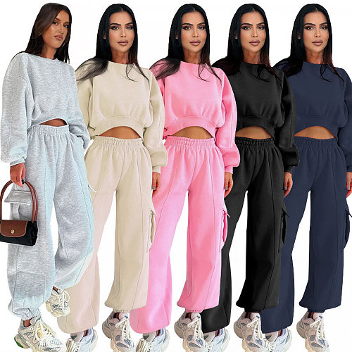 Autumn New Round Neck High Waist Sweatshirt Pocket Loose Sweatpants Set SSN-211471