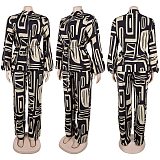 Elegant Commuter Stand-up Collar Printed Drawstring Waist Long-sleeved Two-piece Suit WNY-3716