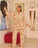 Elegant Commuter Stand-up Collar Printed Drawstring Waist Long-sleeved Two-piece Suit WNY-3716