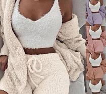 Winter Plush Homewear Casual 3-piece Set Pajamas Long sleeves Shorts Sportswear For Women XINH-303