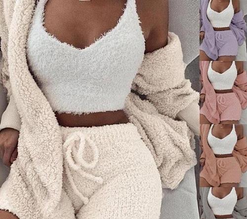 Winter Plush Homewear Casual 3-piece Set Pajamas Long sleeves Shorts Sportswear For Women XINH-303
