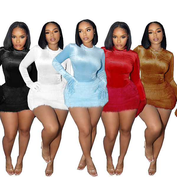 Sexy Autumn and Winter Bodysuit Plush Miniskirt Set PMR-779