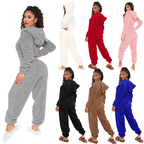 Autumn Winter Long-sleeved Hooded Casual Jumpsuits Plush Homewear Pajamas Cute XINH-88021