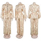 Elegant Commuter Stand-up Collar Printed Drawstring Waist Long-sleeved Two-piece Suit WNY-3716