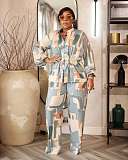 Elegant Commuter Stand-up Collar Printed Drawstring Waist Long-sleeved Two-piece Suit WNY-3716