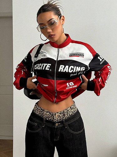 Fashionable Motorcycle Style Letter Design Zipper Long-sleeved Jacket With Contrasting Colors