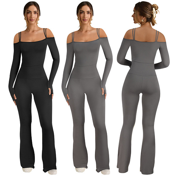 Fashionable Off-the-shoulder Double-strap Sexy One-piece Long-sleeved Flared Jumpsuit HZXY-0488