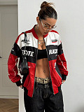 Fashionable Motorcycle Style Letter Design Zipper Long-sleeved Jacket With Contrasting Colors
