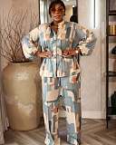 Elegant Commuter Stand-up Collar Printed Drawstring Waist Long-sleeved Two-piece Suit WNY-3716