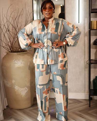 Elegant Commuter Stand-up Collar Printed Drawstring Waist Long-sleeved Two-piece Suit WNY-3716
