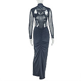 Fashion Slim High Collar Mesh See-through Long Sleeve Slit Hip Dress JY-303263