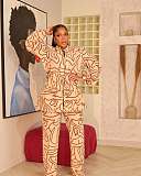 Elegant Commuter Stand-up Collar Printed Drawstring Waist Long-sleeved Two-piece Suit WNY-3716