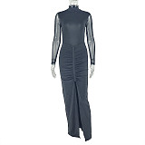 Fashion Slim High Collar Mesh See-through Long Sleeve Slit Hip Dress JY-303263