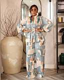 Elegant Commuter Stand-up Collar Printed Drawstring Waist Long-sleeved Two-piece Suit WNY-3716