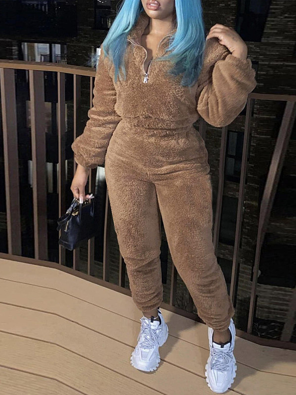 Solid Long-sleeved Autumn Winter Fashion Casual Plush Pants Set XINH-81108