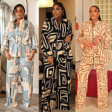 Elegant Commuter Stand-up Collar Printed Drawstring Waist Long-sleeved Two-piece Suit WNY-3716