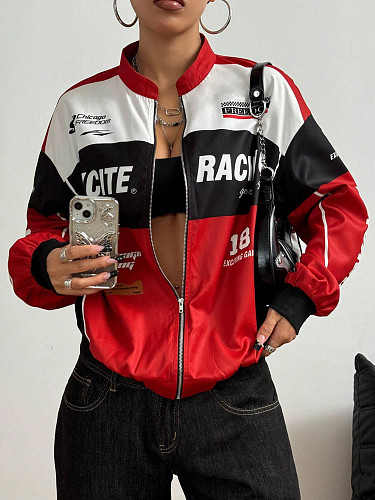 Fashionable Motorcycle Style Letter Design Zipper Long-sleeved Jacket With Contrasting Colors