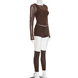 Sexy Vest Mesh Long-sleeved Top Tight Shorts Calf Set Four-piece Suit DZHT-389