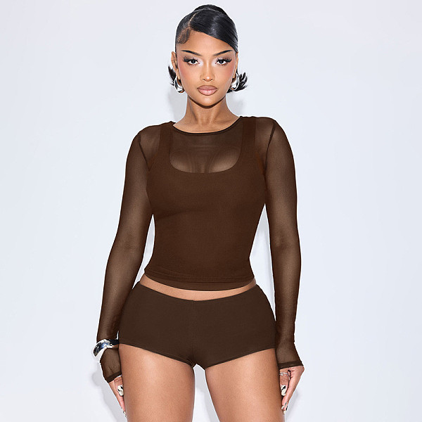 Sexy Vest Mesh Long-sleeved Top Tight Shorts Calf Set Four-piece Suit DZHT-389