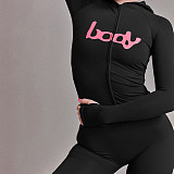 Fashion Hooded Letter Printed Zipper Slim Fit Sports Pants Set DLS-77547