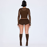 Sexy Vest Mesh Long-sleeved Top Tight Shorts Calf Set Four-piece Suit DZHT-389