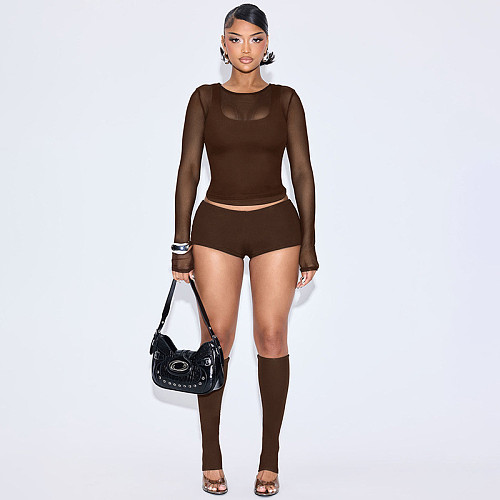 Sexy Vest Mesh Long-sleeved Top Tight Shorts Calf Set Four-piece Suit DZHT-389